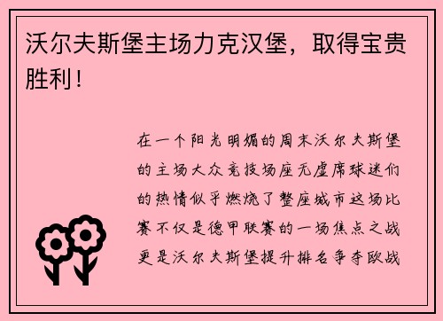 沃尔夫斯堡主场力克汉堡，取得宝贵胜利！